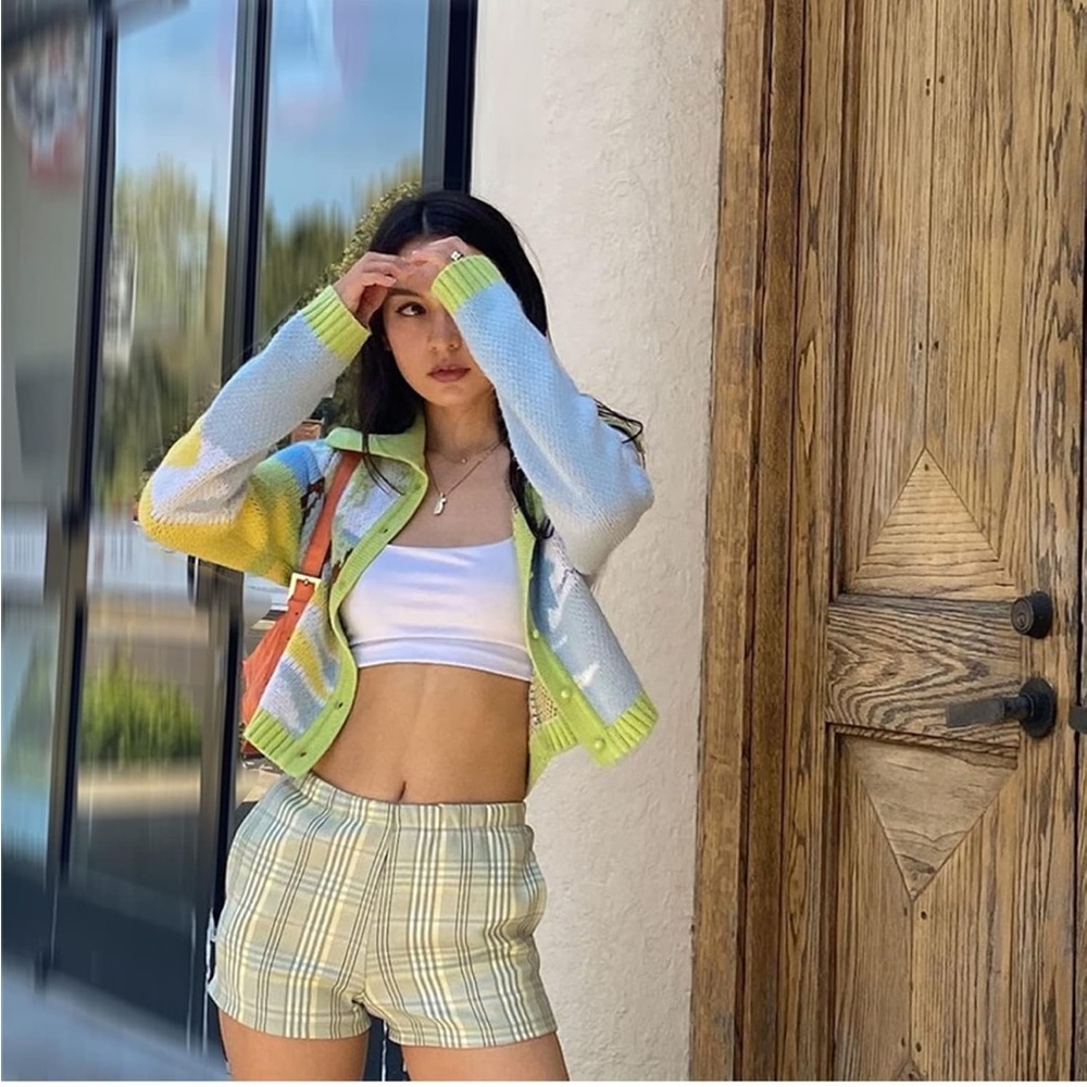 HOUSE OF SUNNY Lime Green Blue Tropical Knit Cropped Collared Cardigan Sweater - Picture 15 of 17